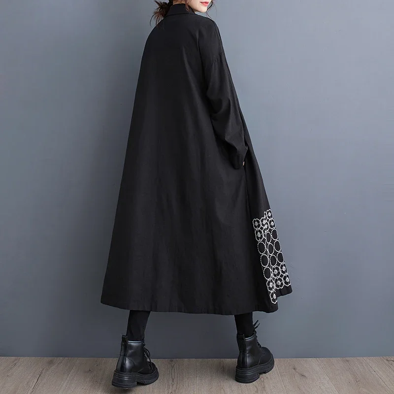 Abito lungo nero camicia donna ricamo allentato Vintage a-line bottoni frontali abito camicia manica lunga abito longuette retrò