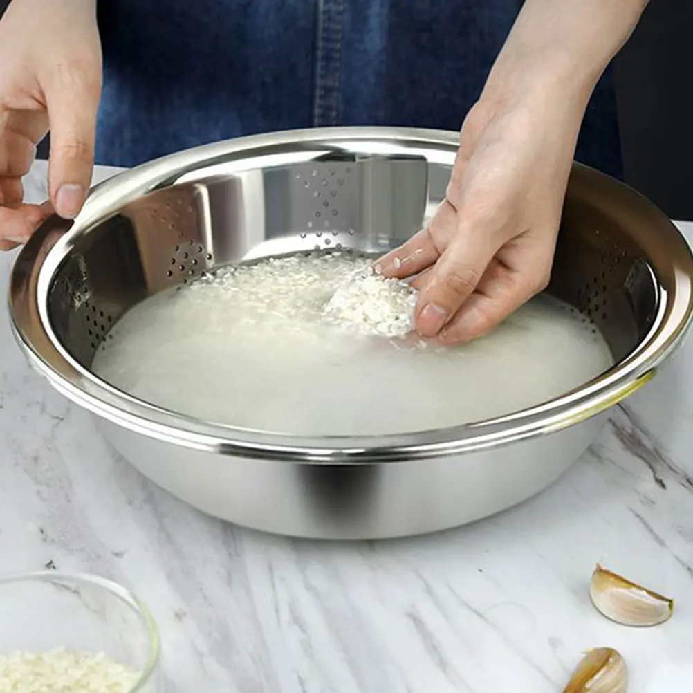 

1 set Stainless Steel Basin Vegetable Washer Sieve Strainer Soup Rice Filter Kitchen Sink Fruit Drainage Mesh Colander