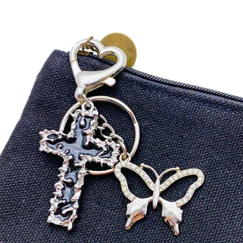 Vintage Chain Butterfly Keyrings Retro Thorn Crucifix Keychains Sparkling Rhinestones Pendant Accessories Q6RB