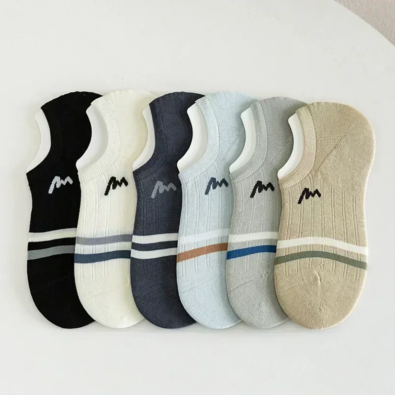 5 Pairs Men\'s Summer Thin Cotton Low Cut Socks, Embroidered Boat Socks, Non-slip Invisible No Show Socks