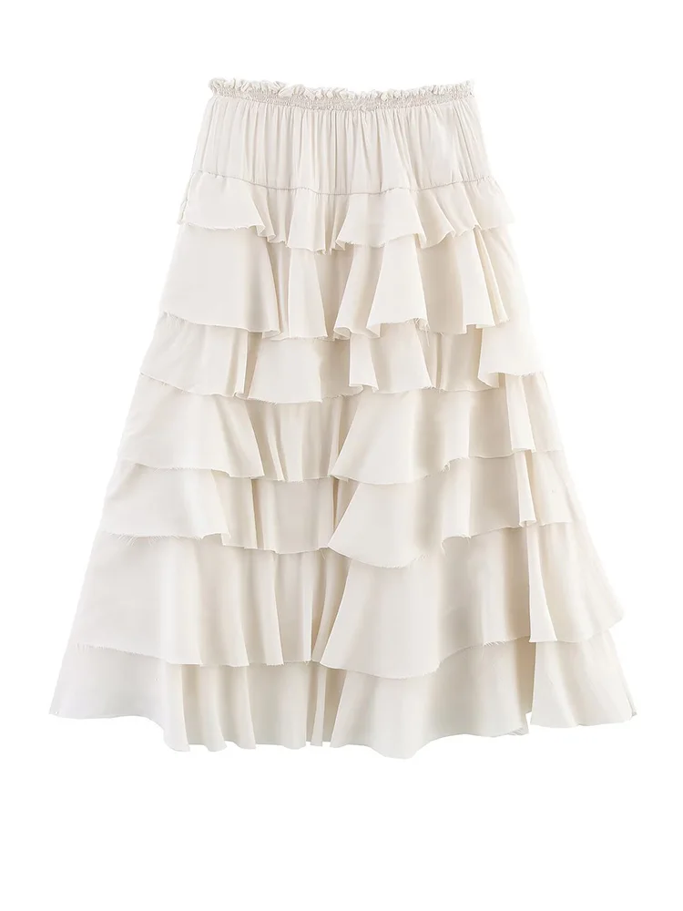 2025 new women's European and American style fashion series layered decoration mid-high waist midi skirt
