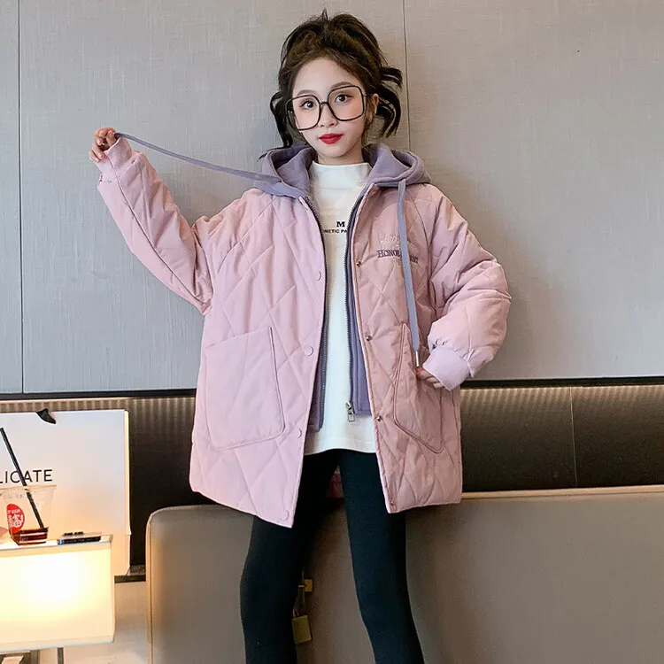 4-14Y الكورية الشتاء فتاة مراهقة مقنعين سترة قطن فتاة الابتدائية وهمية قطعتين أبلى فتاة صغيرة اللون حجب معطف #4