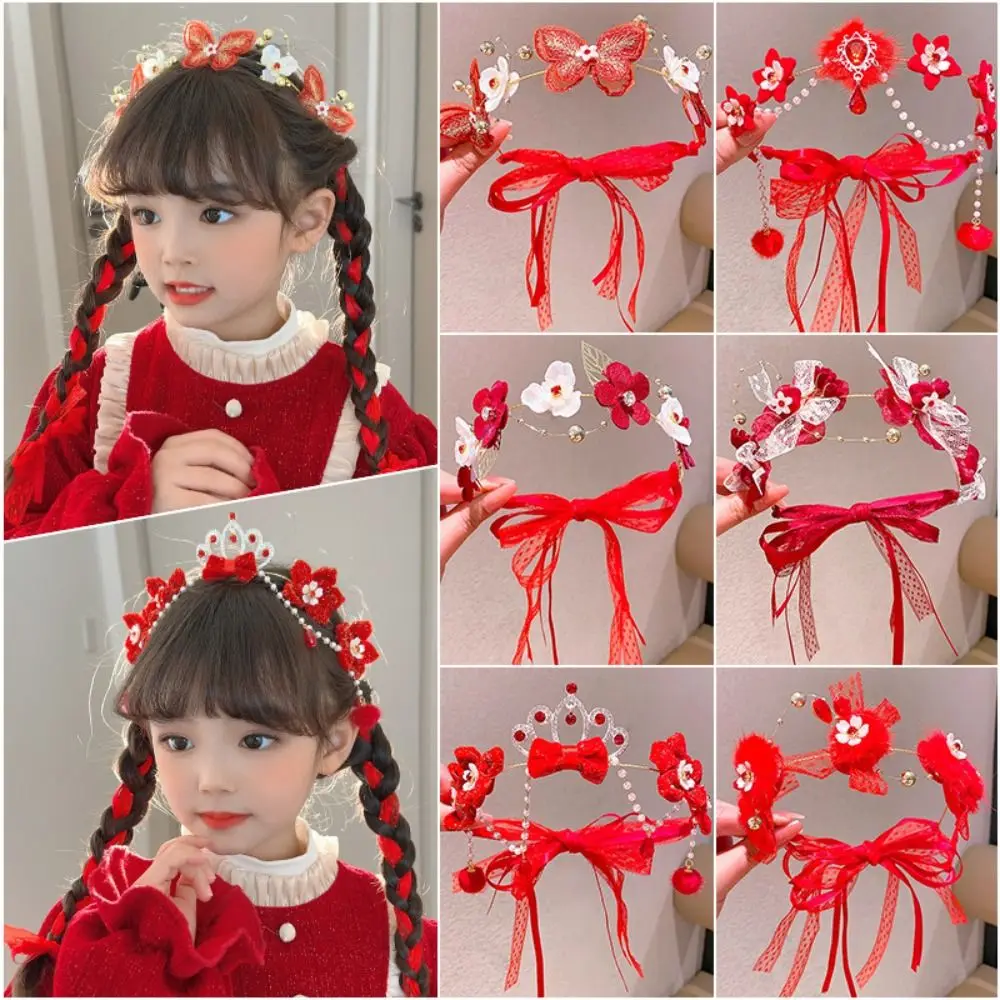 Chinese Style Children's New Year Headband Princess Butterfly Snake Year Red Headwear Forehead Chain Flower