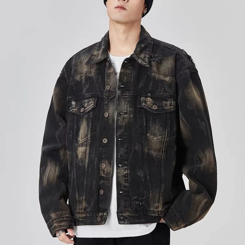 New American Ripped Denim Jacket Men's Trendy Brand Casual Versatile High Street Loose and Trendy Jacket Top