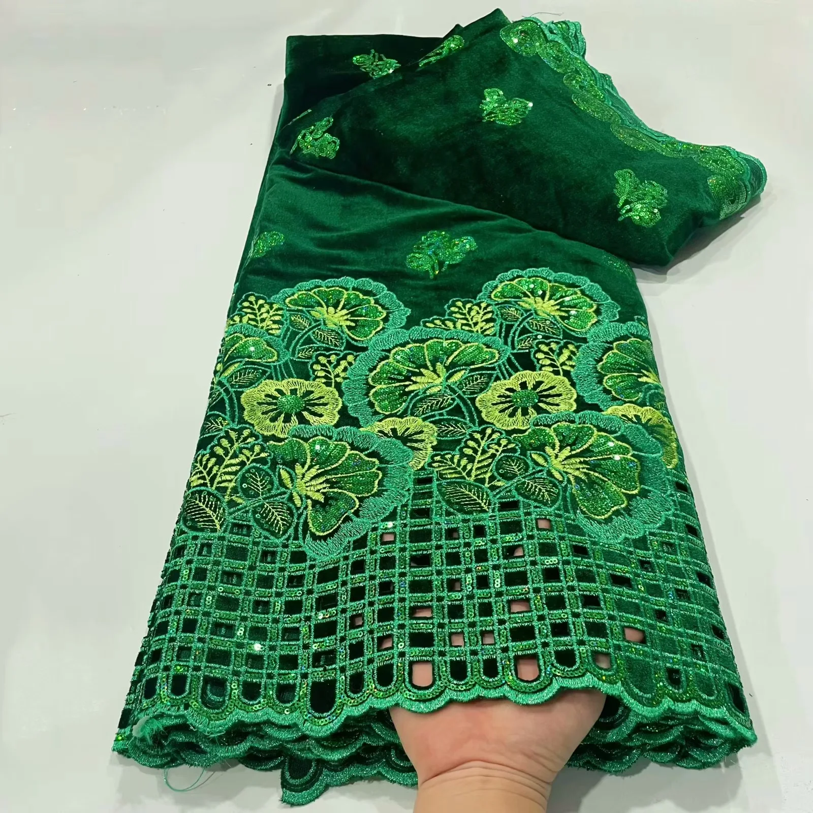 Green African Velvet Mesh Lace Fabric 5 Yards 2024 High Quality Evening Sequins Embroidery Nigerian Laser Cut Velvet Lace Fabric