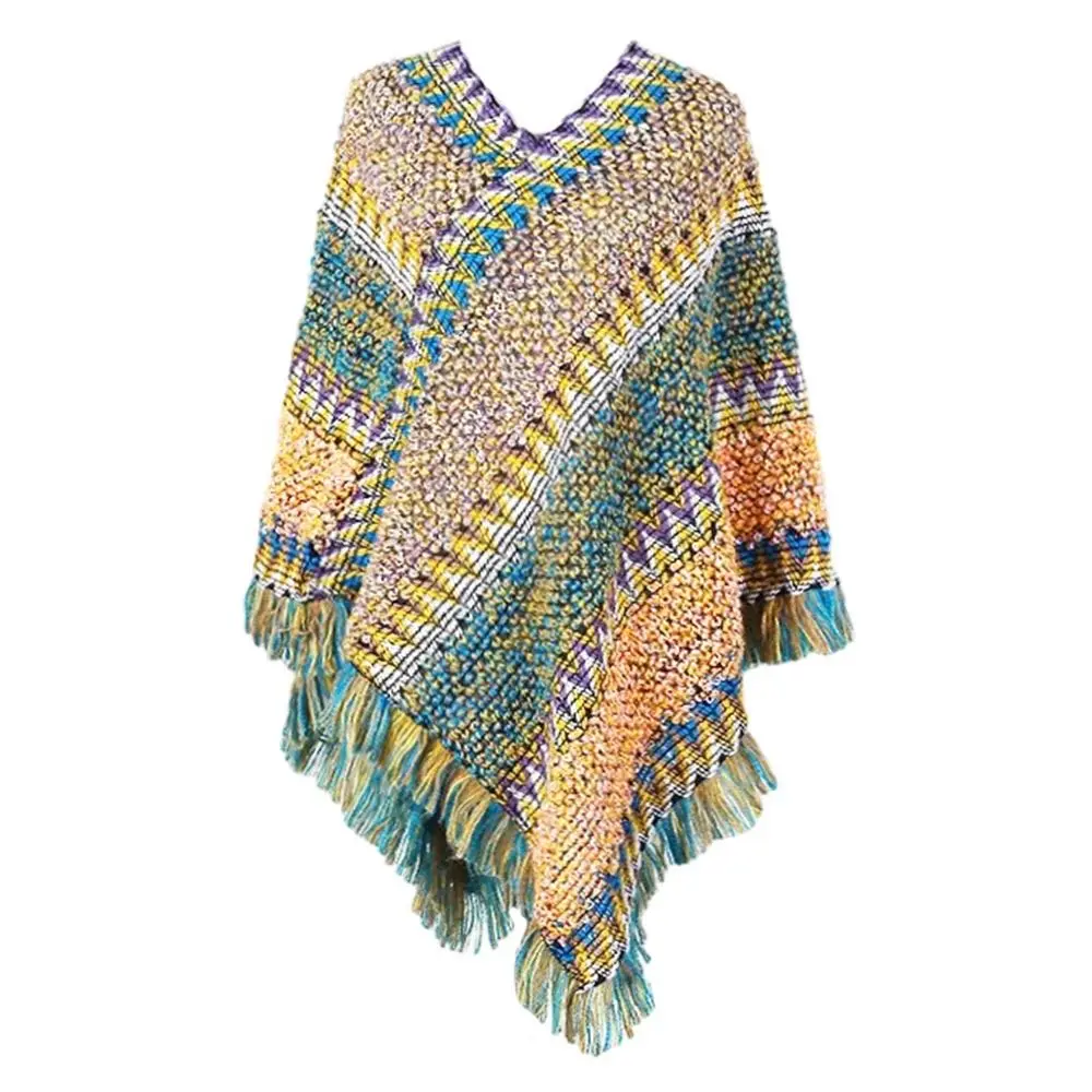 Fashion Mongolian Poncho Women\'s Ethnic Style Knitted Cape Pullover Tassel Shawl Coat Overlays Knitting Wraps