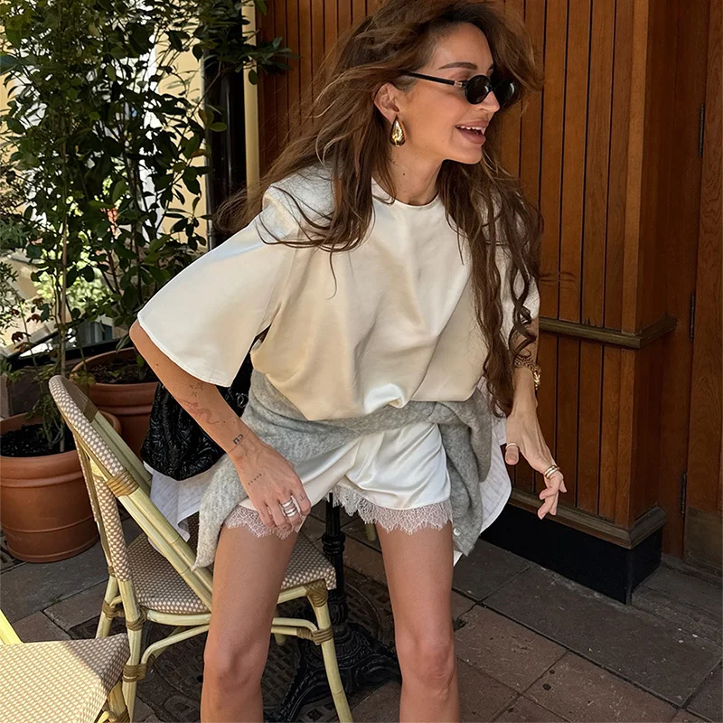 2026 Summer Round Neck T-shirt Lace Shorts Set Women's Casual Loose Home Clothes Skin Friendly Soft And Comfortable Pajamas Set