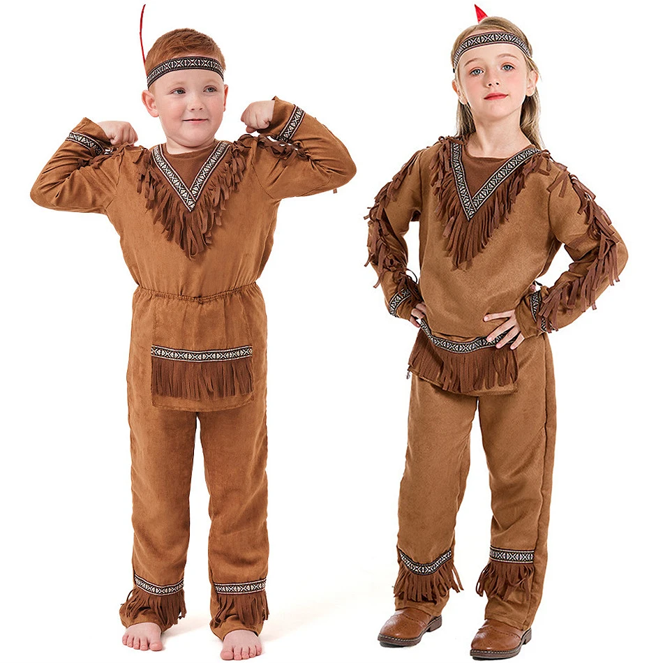 

Girls Boys Indian Chieftain Cosplay Long Sleeved Costume Children Indigenous Stage Performance Carnival Halloween Party Clothes