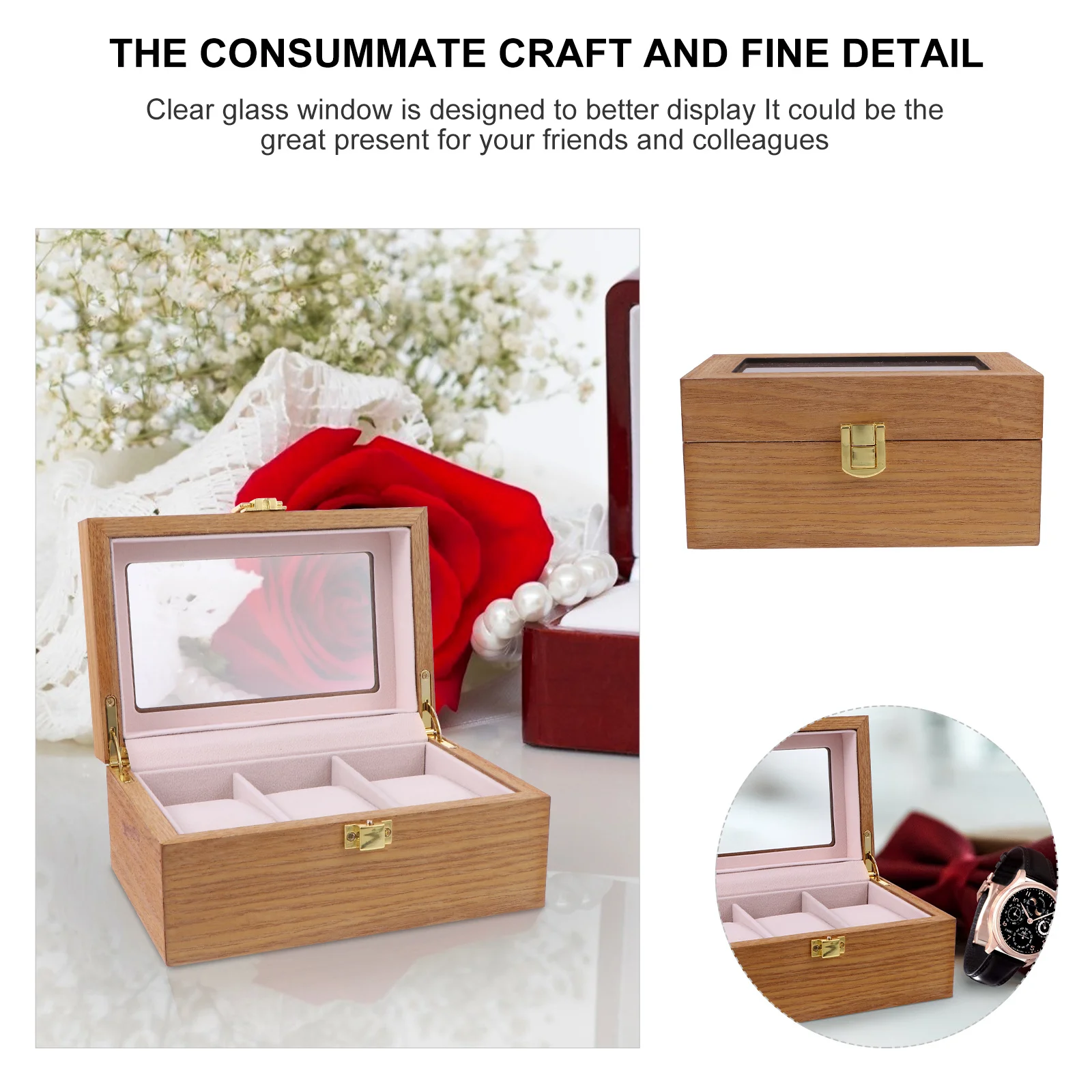 

1Pcs Wood Watch Display Case Luxury 3 Slots Watch Organizer Protective Glass Window Durable Storage Box for Watches
