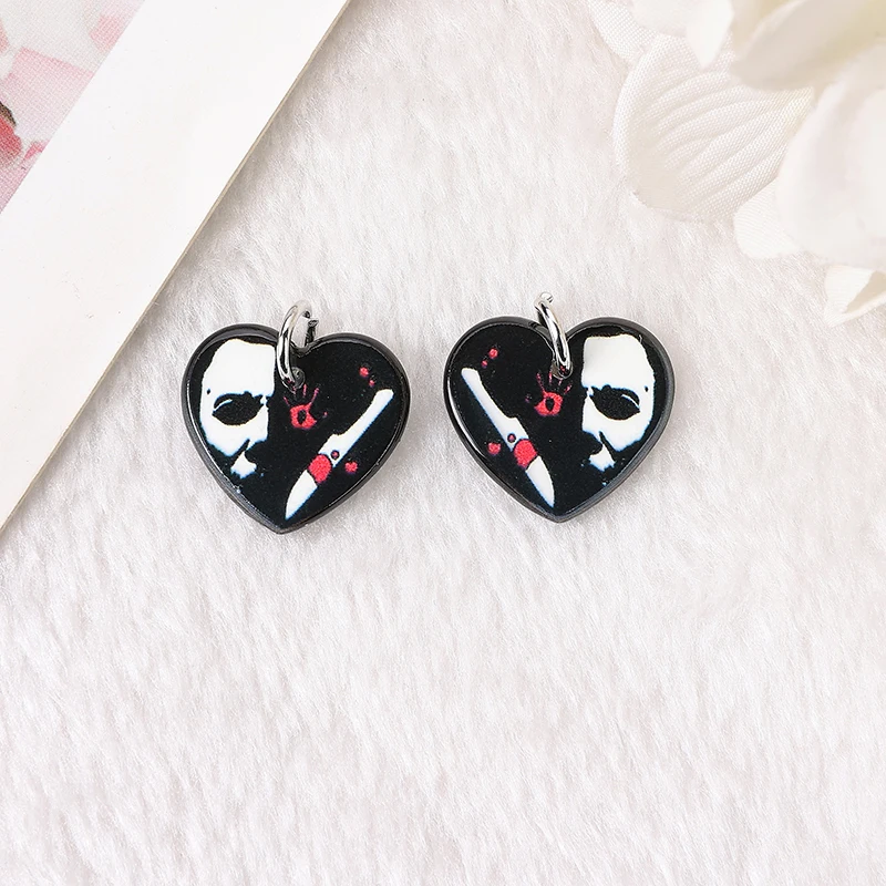 12Pcs Halloween Heart Charms Two Side Print Acrylic  Skull For Necklace DIY Making Accessories
