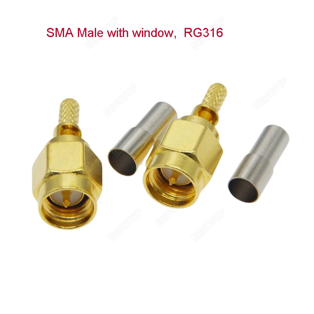 10pcs/lot RP-SMA/SMA Male with Window Connector Crimp RG174 RG316 LMR100 RF Connector Gold Plated 50 Ohm