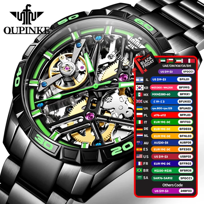 OPK 3196 Luxury Brand Classics Mens Skeletor Automatic Mechanical Wrist Watch For man Stainless Steel Strap Waterproof Luminous