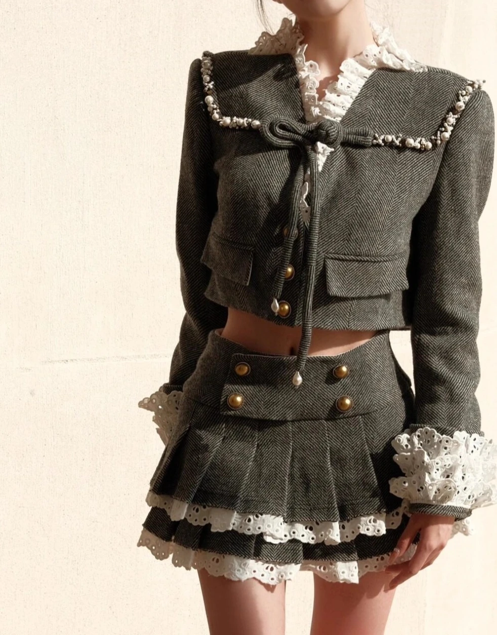 

Новая элегантная серая укороченная куртка + мини-юбки, женская уличная одежда, винтажные комплекты из двух предметов, осенне-зимний шикарный комплект с юбкой