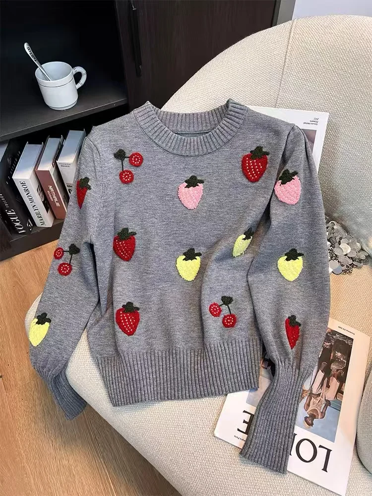 Grey Sweet Strawberry Embroidery Pullover Sweater Women Autumn Vintage Fashion Long Sleeve Knitwear Short Tops Female Jumper