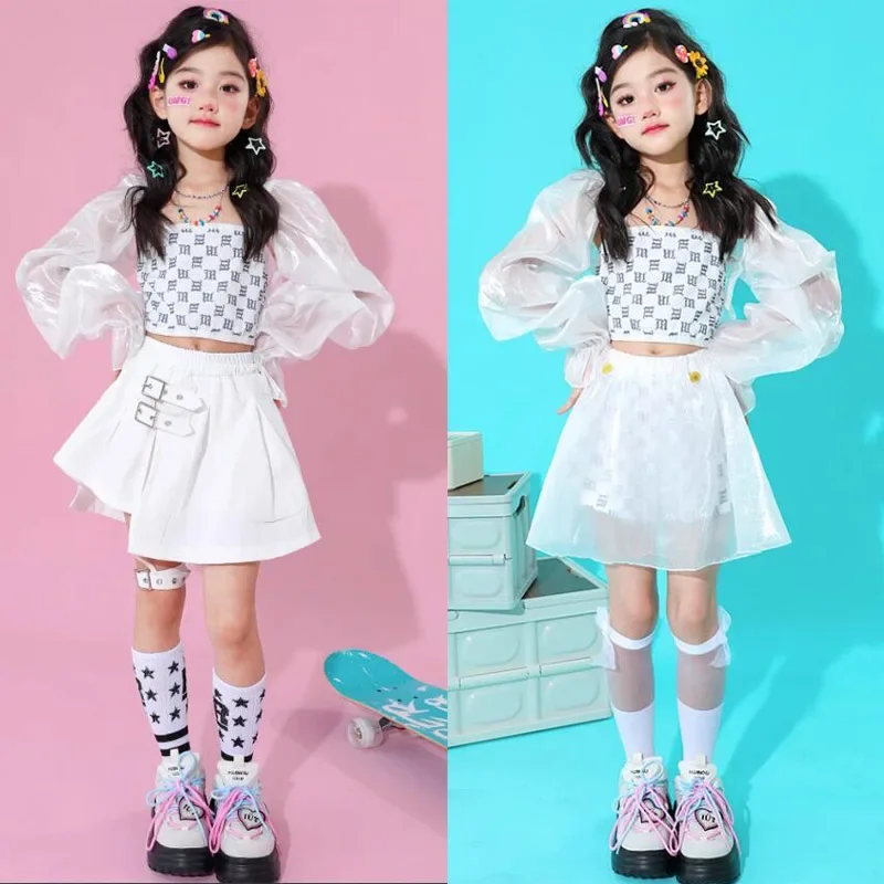 Street Dance Vest Chiffon Pants Kids Elegant Clothes Sets Children White Streetwear Costumes Girls Hip Hop Lace Crop Top Skirt