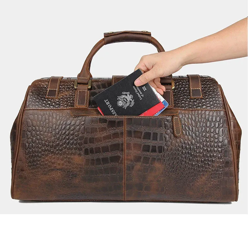 Imagem -03 - Mala de Viagem de Couro Genuíno com Fechadura para Homens Cavalo Louco Vintage Grande Capacidade Mala de Viagem Masculina Mochila Crocodilo