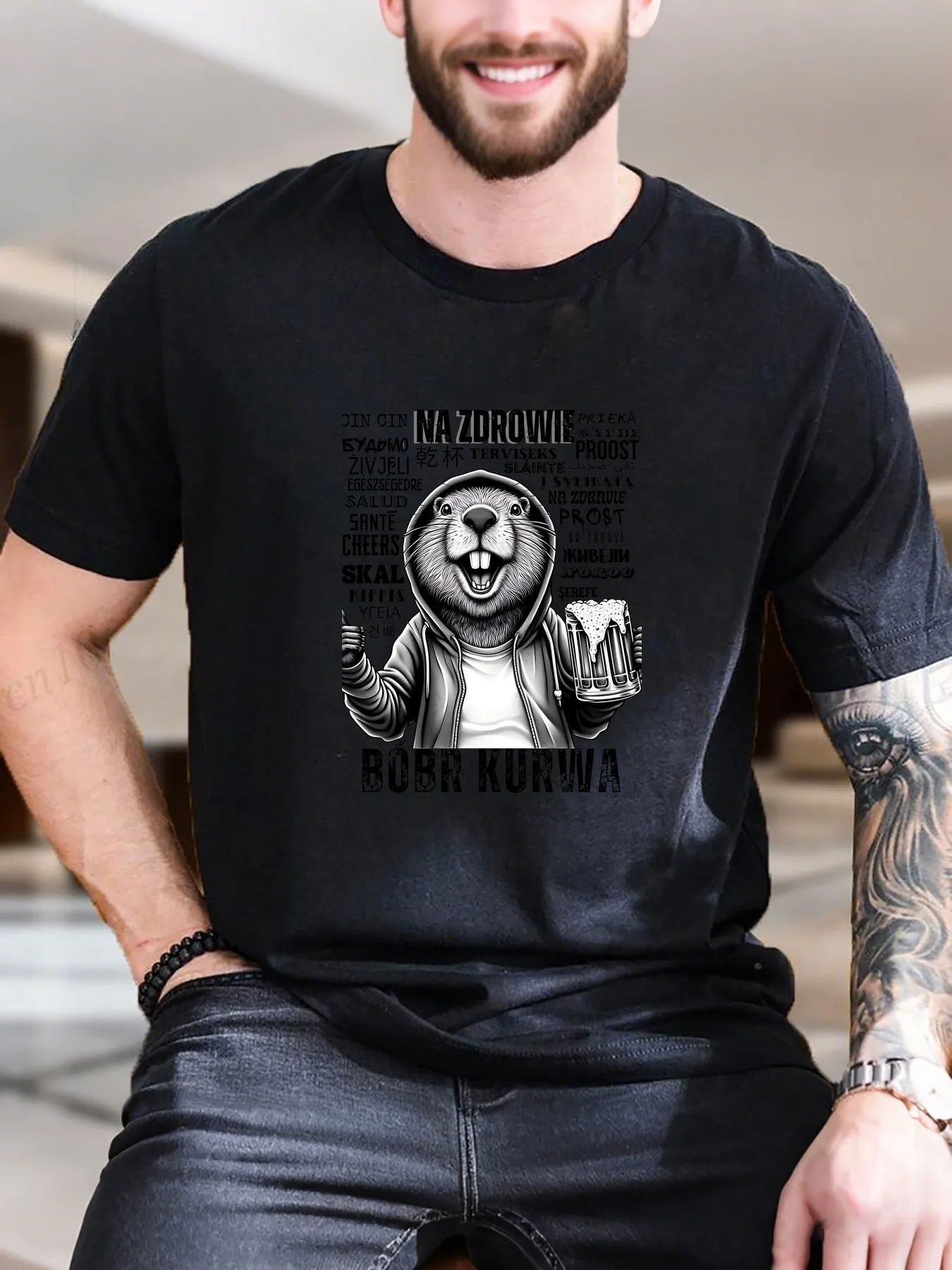 

Men's Printed T-Shirt - Beaver Hoodie Beer Design, 100% Cotton Breathable Casual Comfortable Tee for Summer, Streetwear Graphic