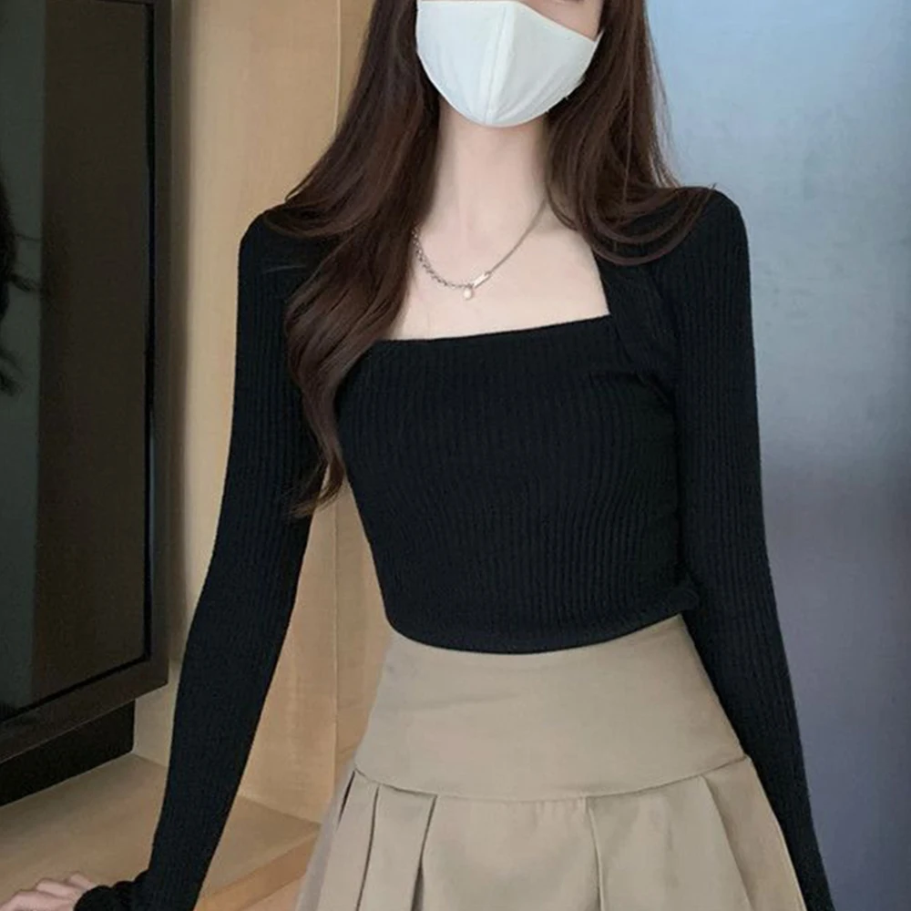 Fashion Woman T-shirt Women Knitted Blouse Black White Clothes Ladies Tops Elegant S-XL Cute Sexy Full Sleeve Slim Stretch Top