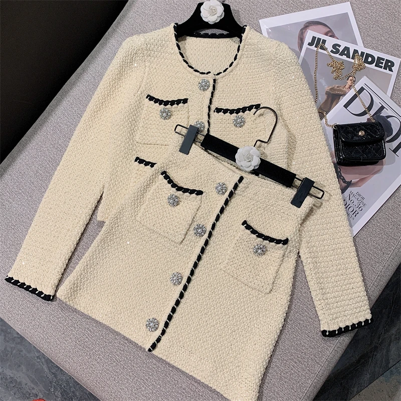 High Quality Women Fashion Spring Elegant Temperament Drill Button Knitted Cardigan Short Jacket + Mini Skirt Two-piece Set Suit