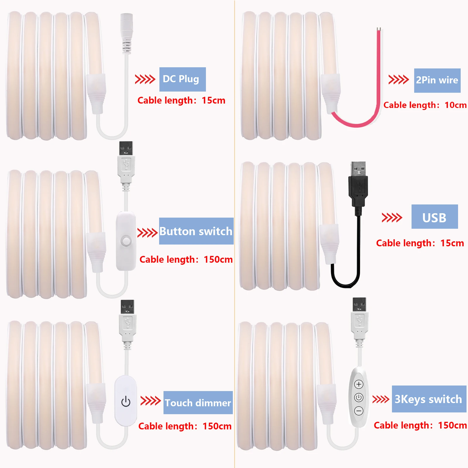 5V COB LED Neon Strip Light USB 320LEDs 3Keys Touch Dimmer Switch Button Kit Waterproof White Warm Natural 0.5m 5m Flexible Lamp