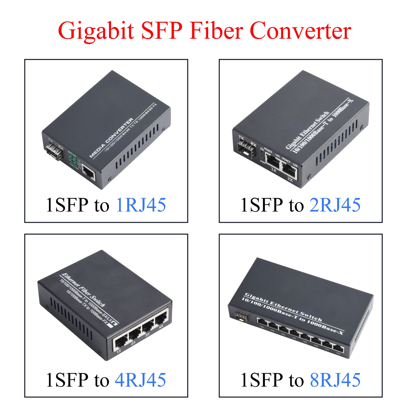 

1 ×Gigabit SFP медиаконвертер 1 SFP в 1/2/4/8 RJ45 Модуль приемопередатчика, быстрый Ethernet 100/1000 м волоконно-оптический переключатель для IP-камеры