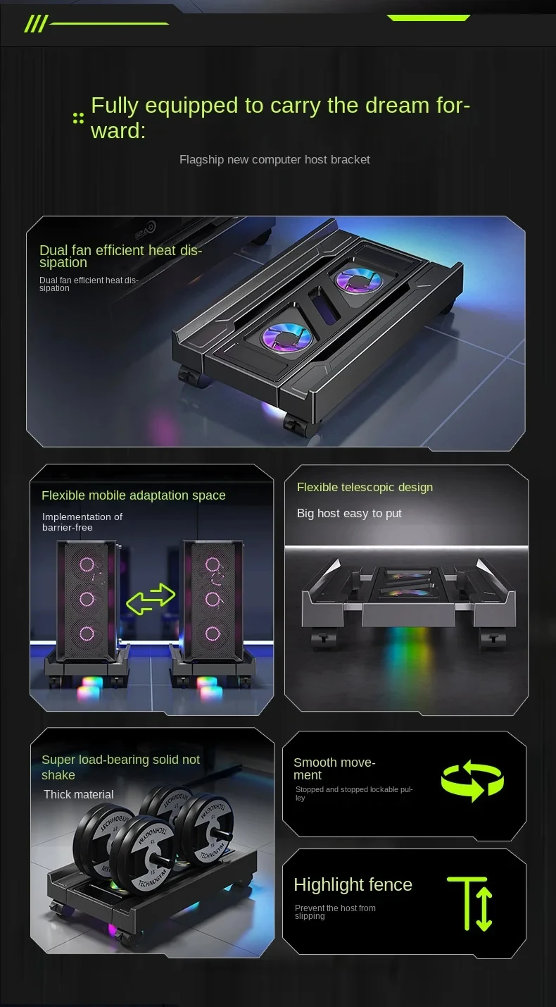 Supporto per torre per PC mobile Supporto per computer host per PC regolabile Supporto da tavolo telescopico Carrello per CPU con ventola di raffreddamento RGB Dissipazione del calore