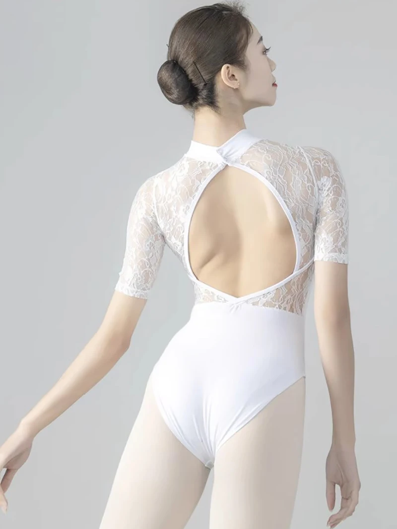 High Neck Gymnastics Leotard Ballet Yoga Bodysuit Adult Women Artistic Lace Flower Ballerina Dancing Costume Classical Dancewear