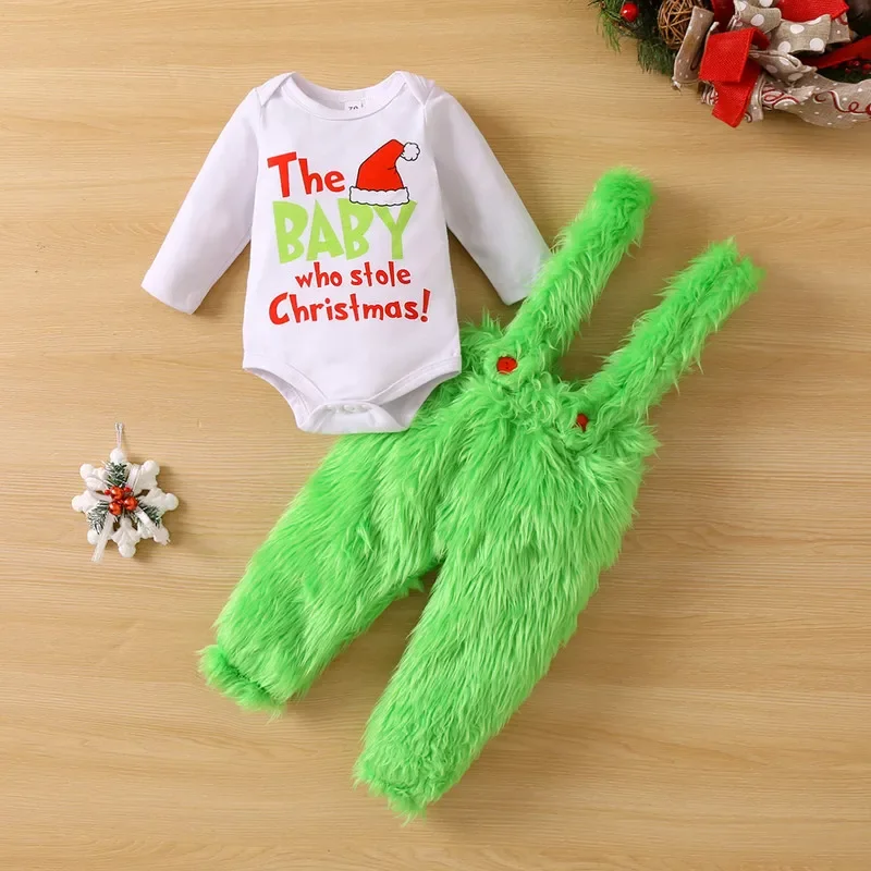 Christmas Newborn Baby Girl Boy Jumpsuit Pant Sets Letter Long Sleeve Bodysuit and Plush Suspender Pants Baby Items Clothing