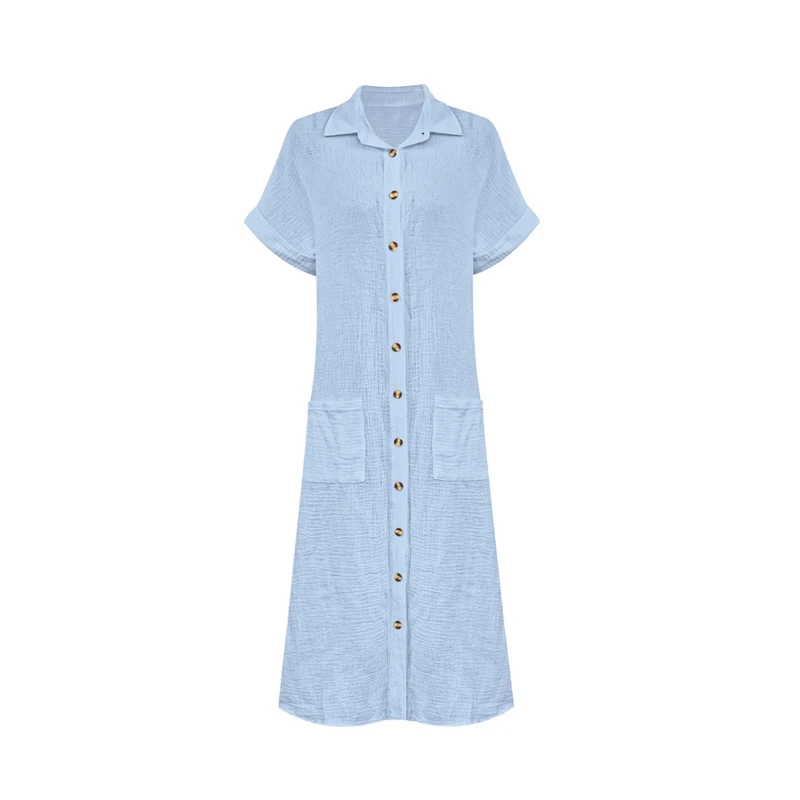 Women Shirt Dress 2025 Summer Spring Solid Color Short Sleeve Button Down Casual Long Shirt Maxi Sundress Comfortable