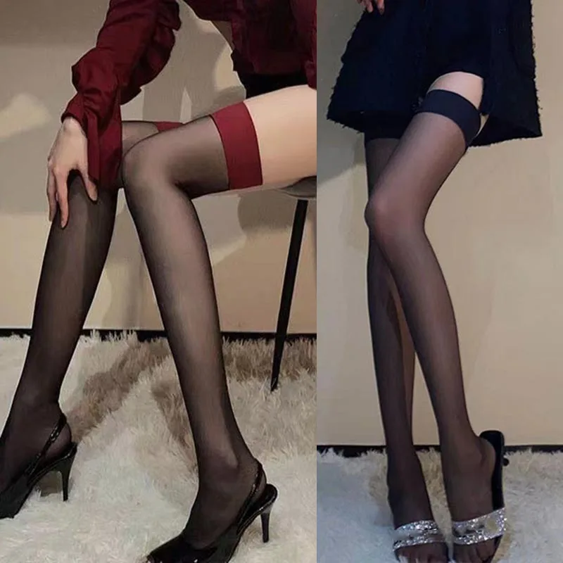 Sexy Black Red Wide Band Sheer Thigh High Stockings, Ultra Thin Knit Anti Slip See Through Long Socks Women Daily Party Hosiery