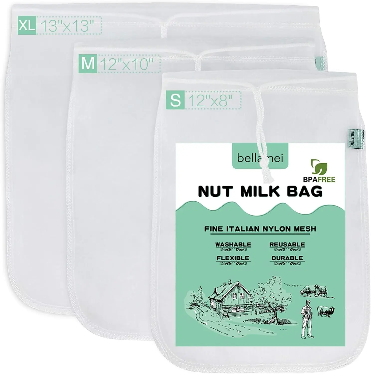 

Reusable Nut Milk Bag 3 Pack, Fine Nylon Mesh for Straining Almond/Soy Milk, Cold Brew Coffee, Greek Yogurt
