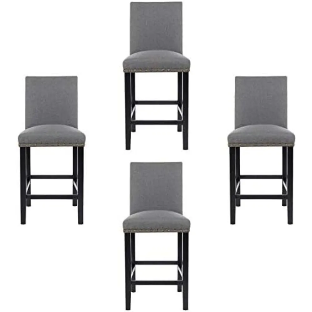 Conjunto de 4 bancos de bar com decoração de cabeça de prego Almofadas macias de 24 polegadas com bancos de pernas de madeira maciça (cinza)