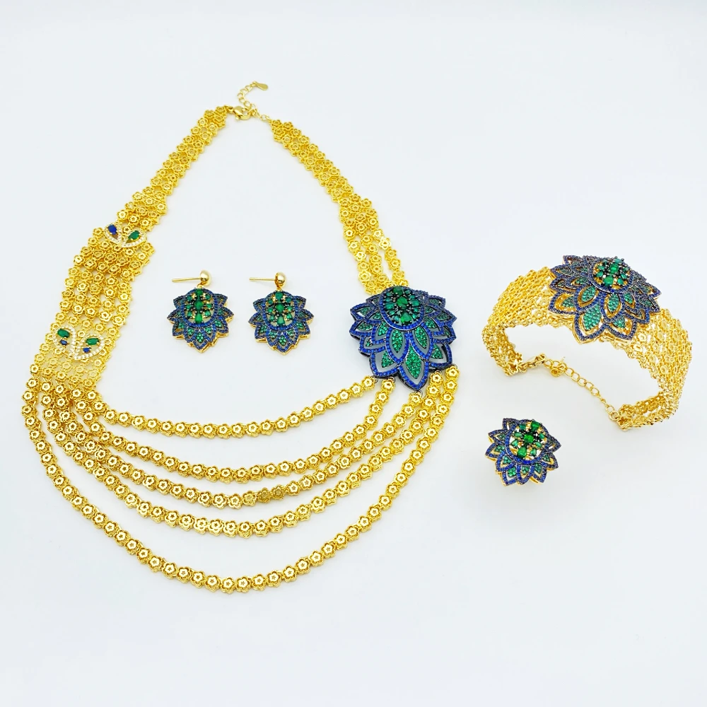 

Flora Party Artificial Zircon Gold Plated Copper Set Women's Jewelry Bracelet Ring Necklace Earrings Simulated Shiny Accessories