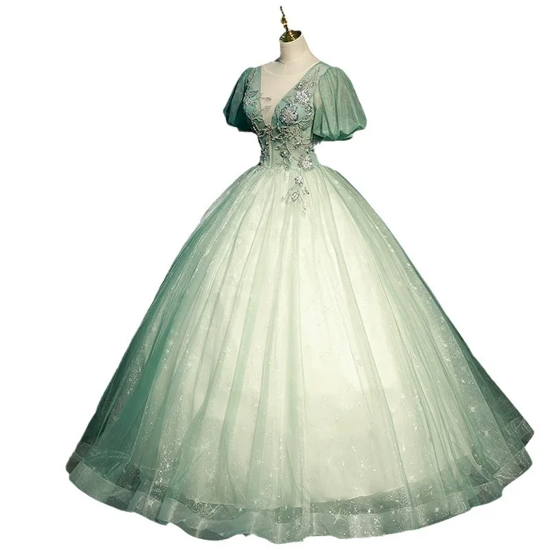 Vestido De baile verde para Quinceañera, cuello transparente, cuentas De lentejuelas 3D, elegante, Princesa, baile De cumpleaños, fiesta