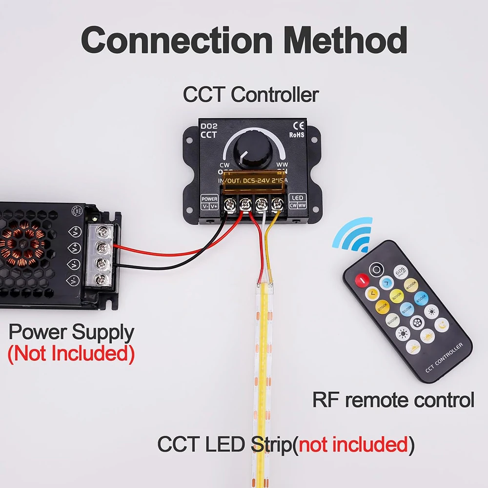 DC5-24V kontroler 30A RF PWM CCT sterowanie bezprzewodowe lub przez pokrętło, aby dostosować jasność i temperaturę kolorów