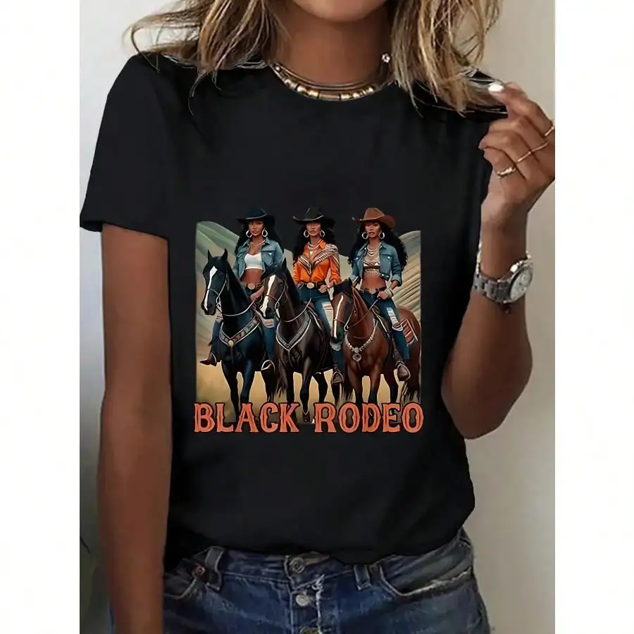 Camiseta feminina preta com estampa de rodeio – 100% algodão, camiseta casual respirável de manga curta com design de cowgirl e corrida de cavalos