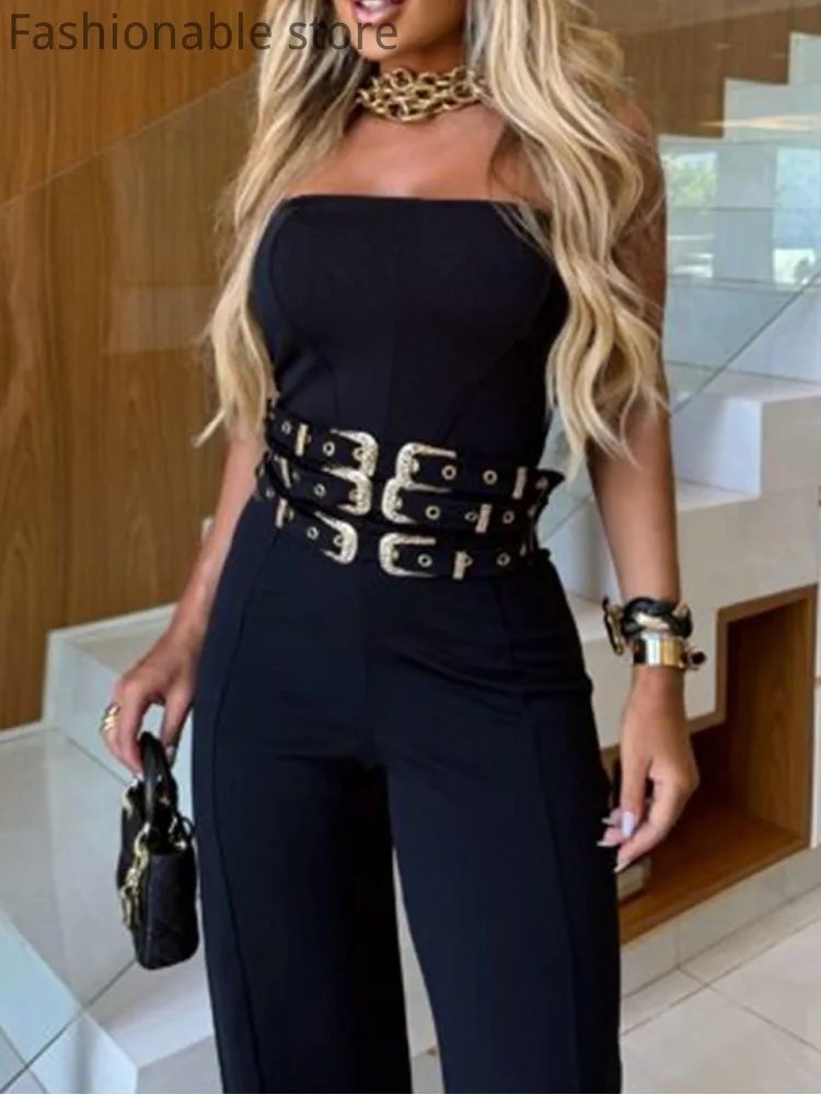 

Women's Sexy Solid Color Strapless Backless Belted Wide Leg Bandeau Jumpsuits Rompers
