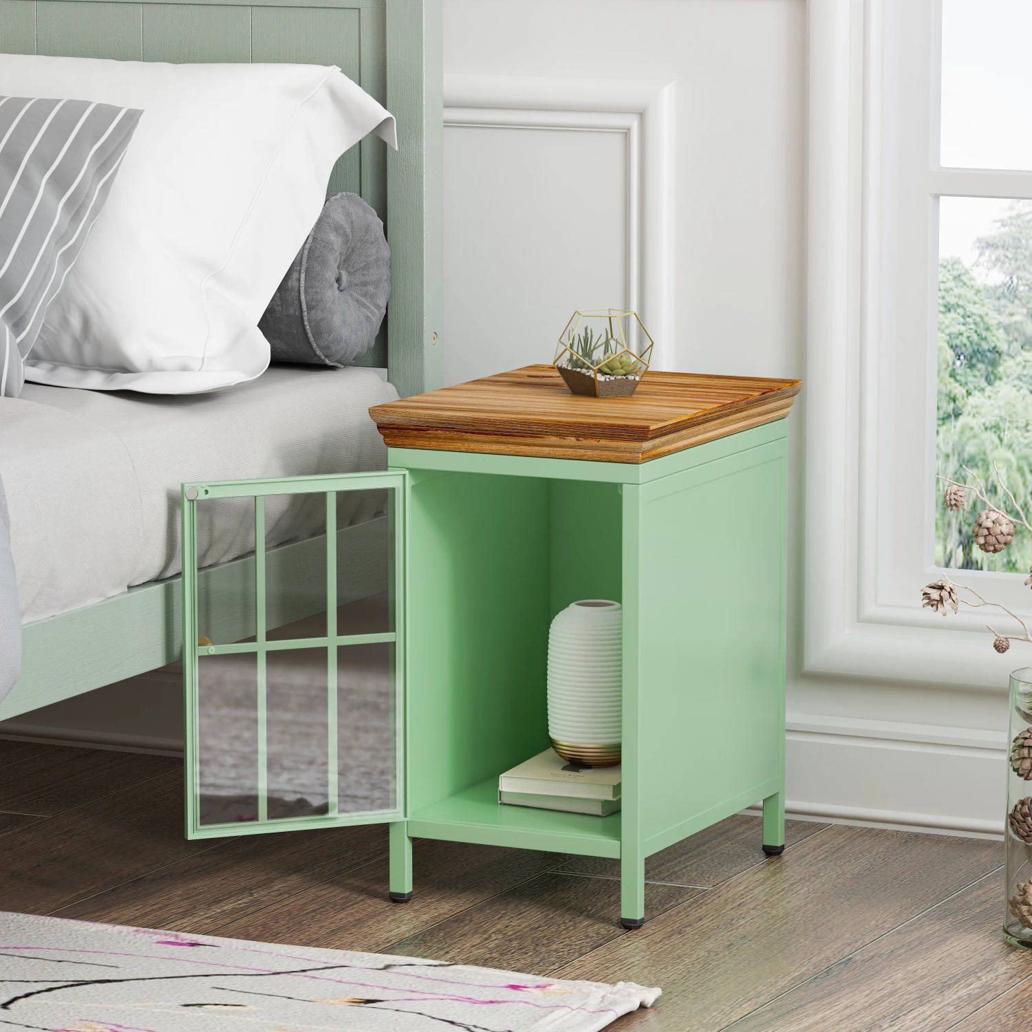 

Nightstand with Storage Cabinet & Solid Wood Tabletop, Bedside Table, Sofa Side Coffee Table for Bedroom, Living Room, Green