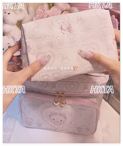 Original Printing Big Capacity Portable Satchel Cosmetic Bag Cute Girl Sweet Cartoon Double Layer Storage Makeup Bag 2 Piece Set