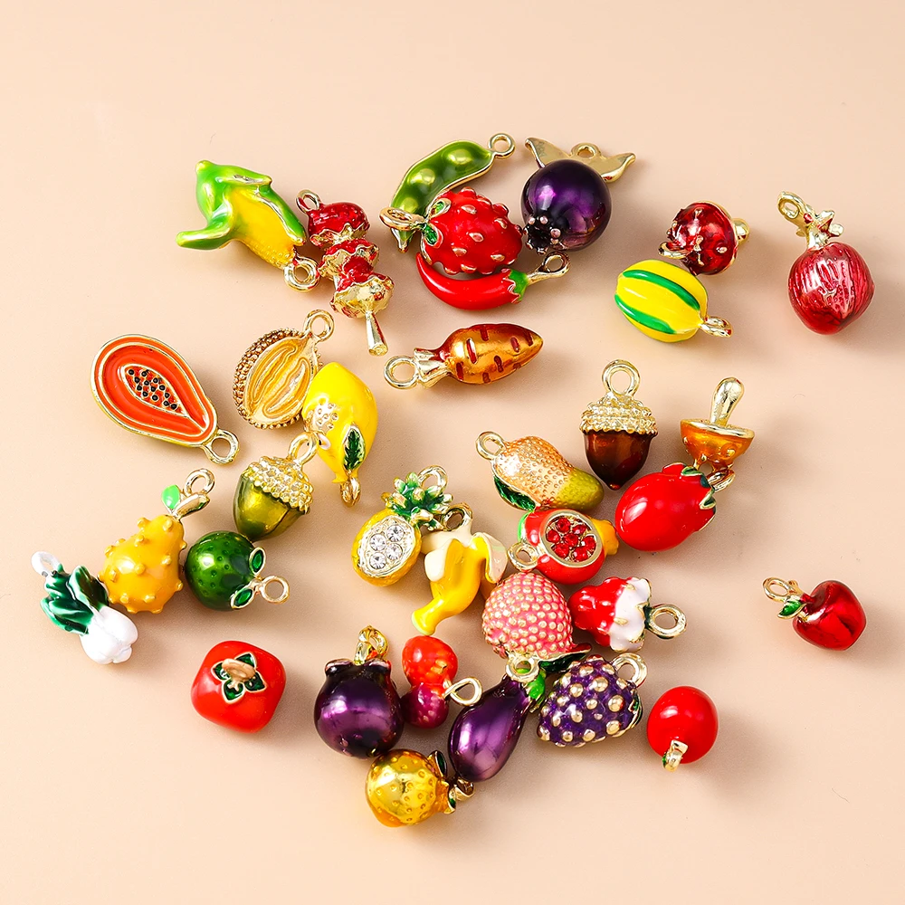 Leslie 5pcs Cute Mini Fruit Pendants Apple Banana Lemon Grape Charm Beads for Brand Sterling Silver Bracelet Jewelry Making DIY