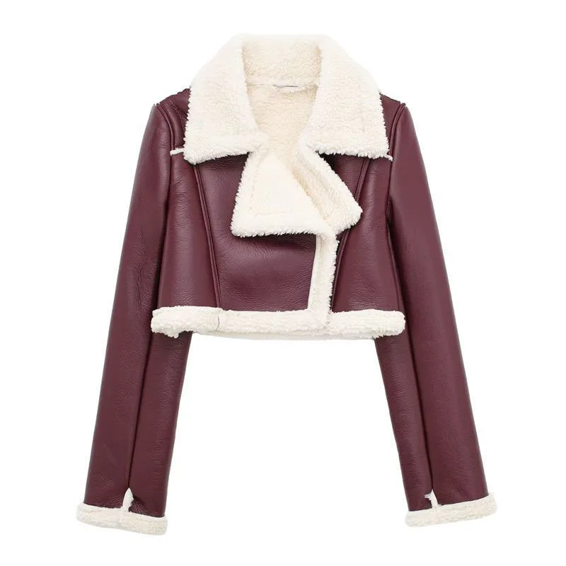 Overcoat Autumn Winter Lapel Biker Jacket Women's Fashion Short Contrast Zipper Top Comfortable Casual Women's Leather Coat H110