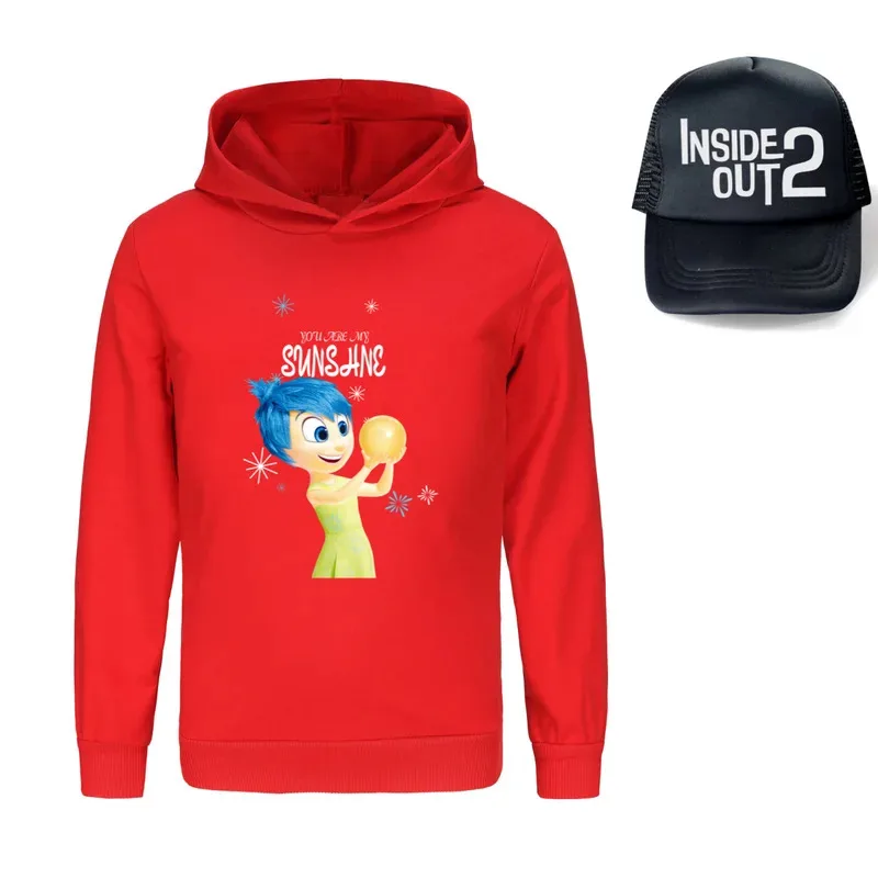 Sudadera con capucha para niños Inside Out 2, ropa para niñas, ropa de moda para niños Joy, Tops deportivos cálidos para otoño + gorra, regalos de temporada de regreso a la escuela