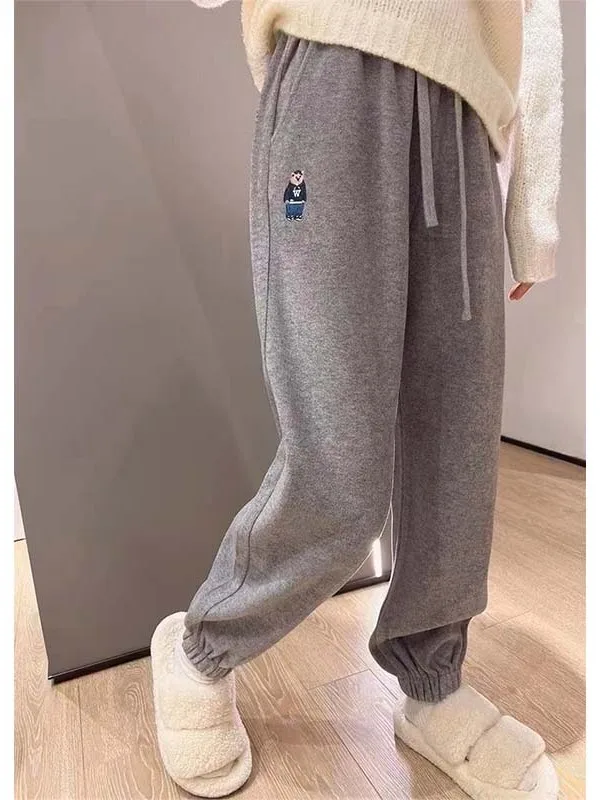 

Autumn Winter Grey Bear Embroidery Casual Pants Women's Slimming Sports Sweatpants High Waist Elastic Polyester Fiber