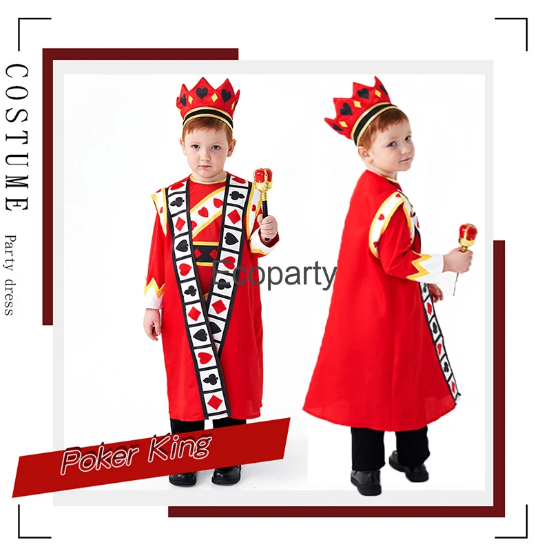 Halloween Kids Red King Of Hearts Costume Boy Alice Poker King Cosplay  Robe With Crown Children Purim Carnival Party Costumes