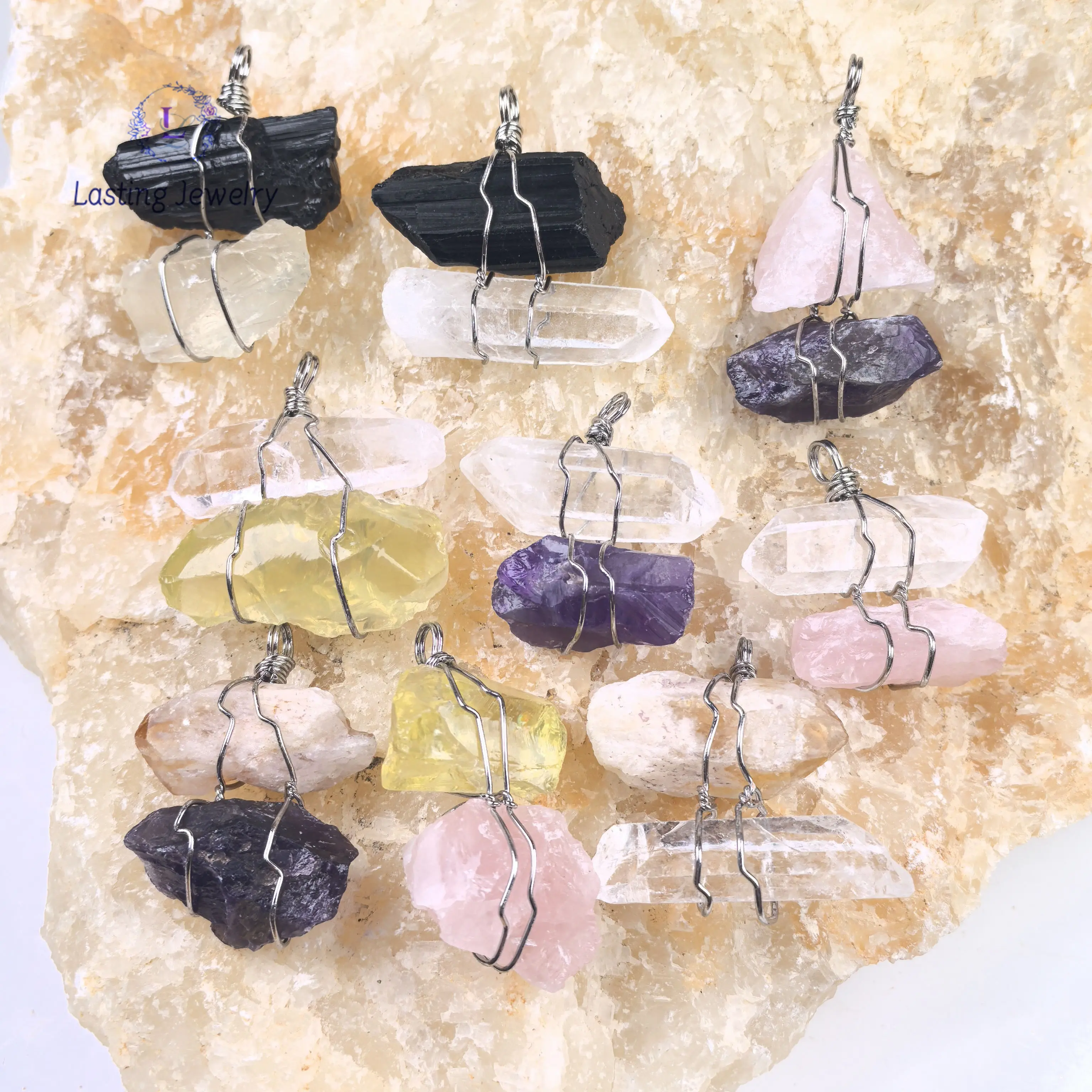 

Natural Rough Mineral Wire Wrap Rose Quartz White Crystal Amethyst Citrine Tourmaline Stone Nugget Pendants DIY Necklace Jewelry