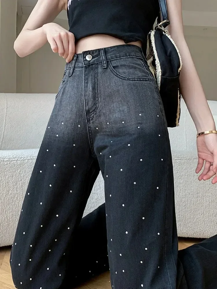 

New Women's High Waist Loose Narrow Wide Leg Jeans Korean Casual Fashion Y2K Unique Sticky Diamond High Street Loose Women Jeans