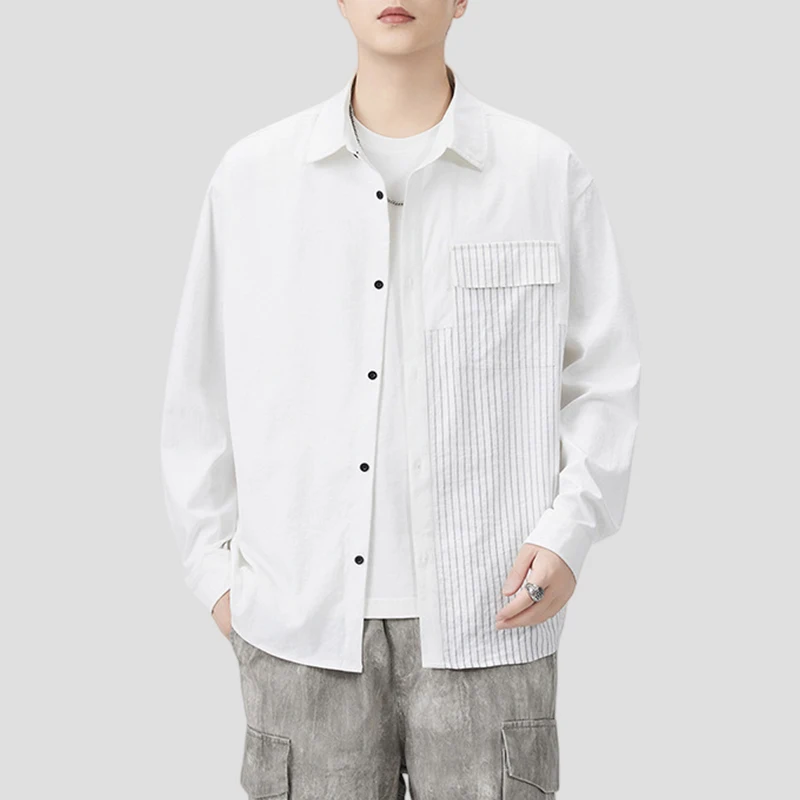 

New Men's Patchwork Color-Block Shirt High-Street Fine-Stripe Design Shirt Men's Loose-Fit Versatile Casual Long-Sleeve Shirt