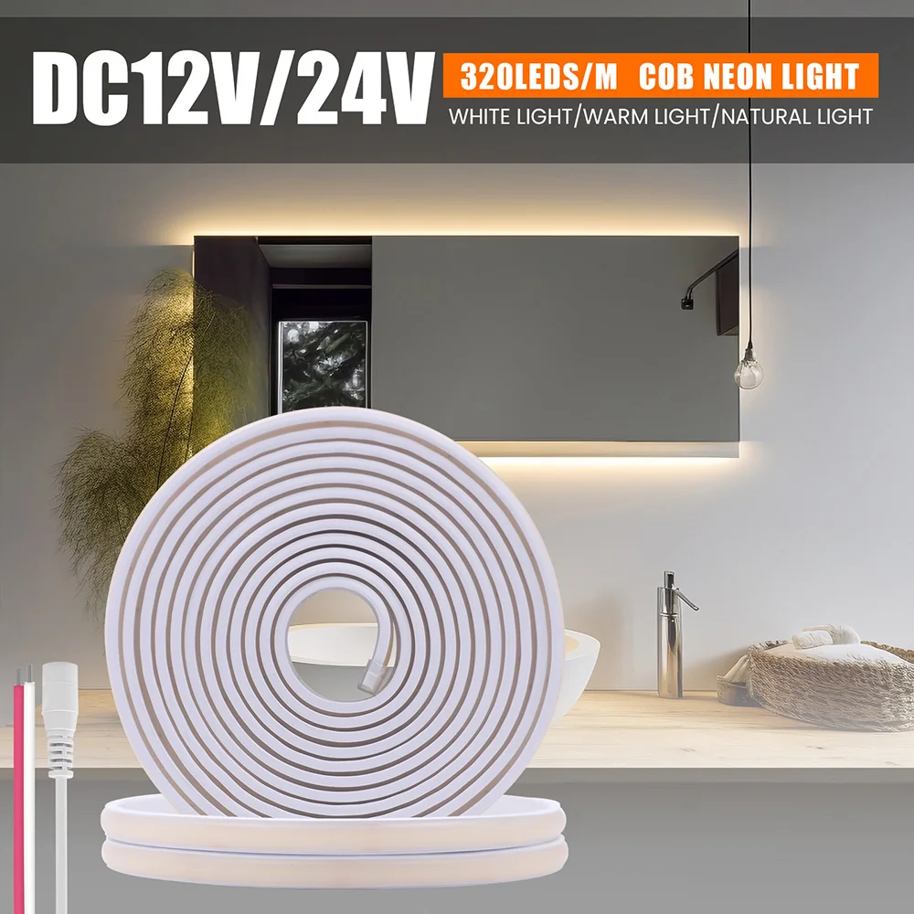 COB LED Strip Neon Light DC 12V 24V Dimmable 320LED/m Flexible Silicone Rope Lights Linear Lighting 1m 2m 5m 10m 15m 20m 50CM