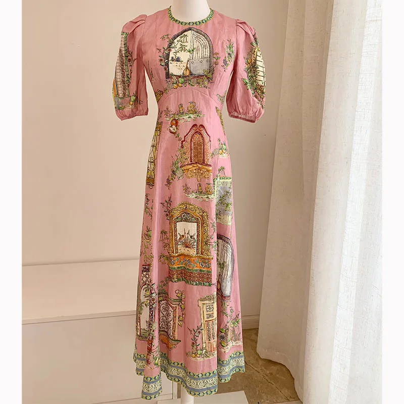 Women's Pink Plant And Building Printing Linen Long Dress High End Fashion Round Neck Short Sleeve Maxi Dresses Plus Size New