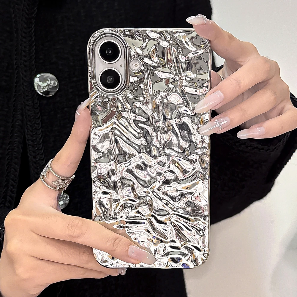 Electroplated Silver Tin paper Pattern Phone Case For iPhone 16 15 14 13 12 11 Pro XS Max XR X 8P Luxury Soft Shockproof Cover